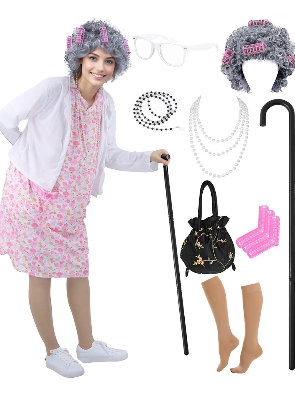 Grandma/Old Lady Costume Set – Wig, Cane, Glasses, Pearls & Accessories. Size M.